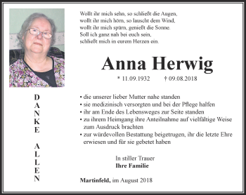 Traueranzeige von Anna Herwig von Thüringer Allgemeine