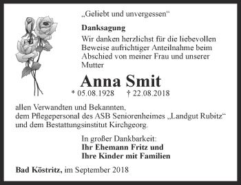 Traueranzeige von Anna Smit von Ostthüringer Zeitung