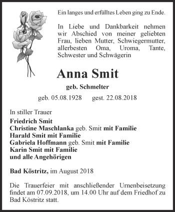 Traueranzeige von Anna Smit von Ostthüringer Zeitung