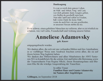 Traueranzeige von Anneliese Adamovsky von Thüringer Allgemeine