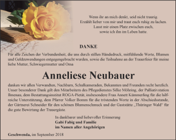 Traueranzeige von Anneliese Neubauer von Thüringer Allgemeine