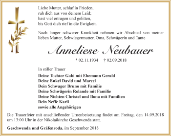 Traueranzeige von Anneliese Neubauer von Thüringer Allgemeine