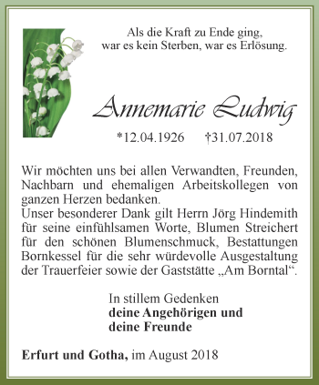 Traueranzeige von Annemarie Ludwig von Ostthüringer Zeitung, Thüringische Landeszeitung