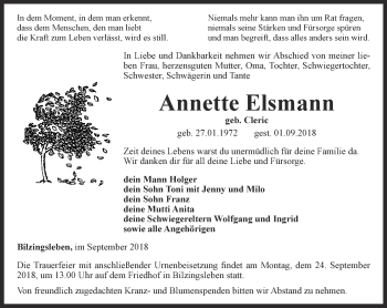Traueranzeige von Annette Elsmann von Thüringer Allgemeine
