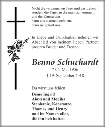 Traueranzeige von Benno Schuchardi von Thüringer Allgemeine