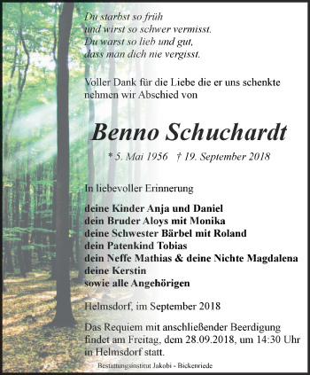 Traueranzeige von Benno Schuchardt von Thüringer Allgemeine