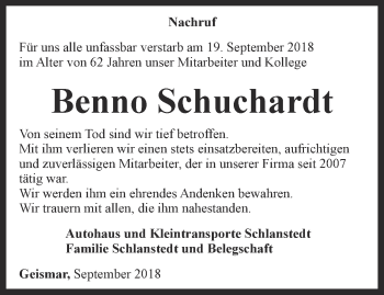 Traueranzeige von Benno Schuchardt von Thüringer Allgemeine