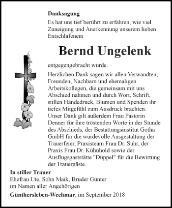 Traueranzeige von Bernd Ungelenk von Ostthüringer Zeitung, Thüringische Landeszeitung