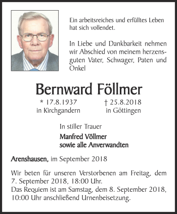 Traueranzeige von Bernward Föllmer von Thüringer Allgemeine