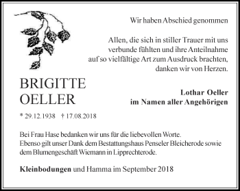Traueranzeige von Brigitte Oeller von Thüringer Allgemeine