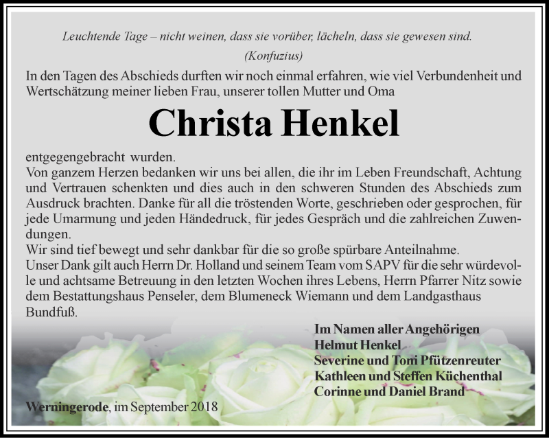  Traueranzeige für Christa Henkel vom 05.09.2018 aus Thüringer Allgemeine