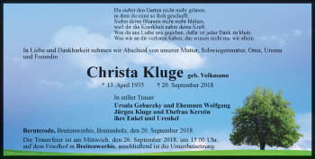 Traueranzeige von Christa Kluge von Thüringer Allgemeine