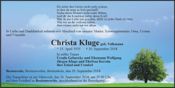 Traueranzeige von Christa Kluge von Thüringer Allgemeine