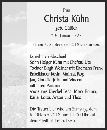 Traueranzeige von Christa Kühn von Thüringer Allgemeine, Thüringische Landeszeitung