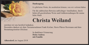 Traueranzeige von Christa Weiland von Ostthüringer Zeitung