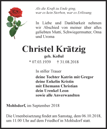 Traueranzeige von Christel Krätzig von Ostthüringer Zeitung