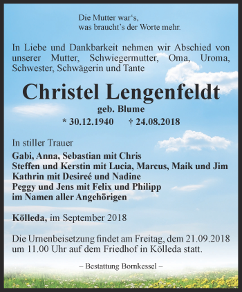 Traueranzeige von Christel Lengenfeldt von Thüringer Allgemeine