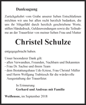 Traueranzeige von Christel Schulze von Thüringer Allgemeine