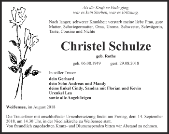 Traueranzeige von Christel Schulze von Thüringer Allgemeine