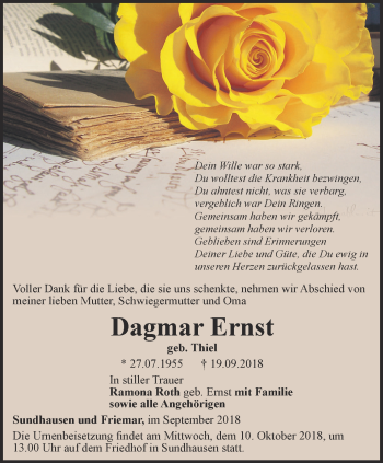 Traueranzeige von Dagmar Ernst von Ostthüringer Zeitung, Thüringische Landeszeitung