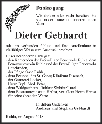 Traueranzeige von Dieter Gebhardt von Thüringer Allgemeine, Thüringische Landeszeitung