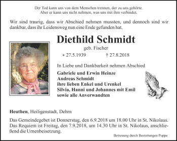 Traueranzeige von Diethild Schmidt von Thüringer Allgemeine