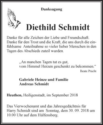 Traueranzeige von Diethild Schmidt von Thüringer Allgemeine