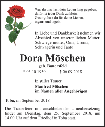 Traueranzeige von Dora Möschen von Thüringer Allgemeine