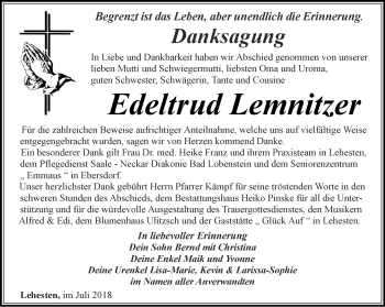 Traueranzeige von Edeltrud Lemnitzer von Ostthüringer Zeitung