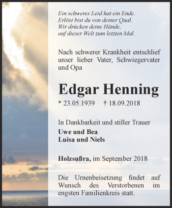 Traueranzeige von Edgar Henning von Thüringer Allgemeine