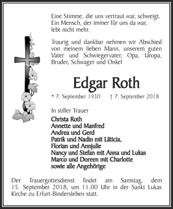 Traueranzeige von Edgar Roth von Thüringer Allgemeine, Thüringische Landeszeitung