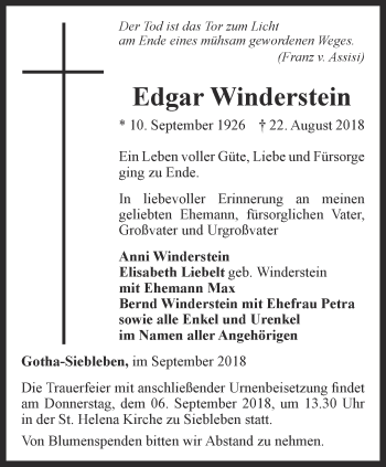 Traueranzeige von Edgar Winderstein von Ostthüringer Zeitung, Thüringische Landeszeitung