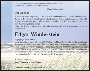 Traueranzeige von Edgar Winderstein von Ostthüringer Zeitung, Thüringische Landeszeitung