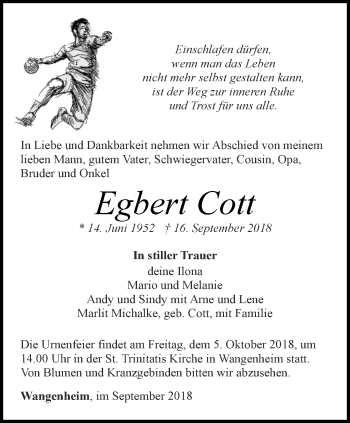 Traueranzeige von Egbert Cott von Ostthüringer Zeitung, Thüringische Landeszeitung