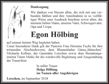 Traueranzeige von Egon Hölbing von Thüringer Allgemeine, Thüringische Landeszeitung