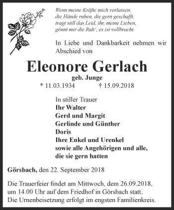 Traueranzeige von Eleonore Gerlach von Thüringer Allgemeine