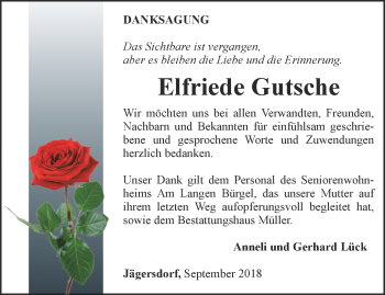 Traueranzeige von Elfriede Gutsche von Ostthüringer Zeitung, Thüringische Landeszeitung