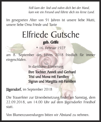 Traueranzeige von Elfriede Lutsche von Ostthüringer Zeitung, Thüringische Landeszeitung