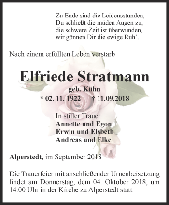 Traueranzeige von Elfriede Stratmann von Thüringer Allgemeine, Thüringische Landeszeitung