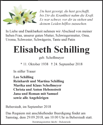 Traueranzeigen Von Elisabeth Schilling | Trauer-in-thueringen.de