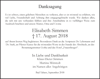 Traueranzeige von Elisabeth Simmen von Ostthüringer Zeitung, Thüringische Landeszeitung