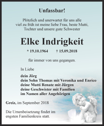 Traueranzeige von Elke Indrigkeit