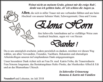 Traueranzeige von Elona Horn von Ostthüringer Zeitung