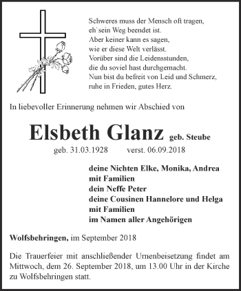 Traueranzeige von Elsbeth Glanz von Thüringer Allgemeine, Thüringische Landeszeitung