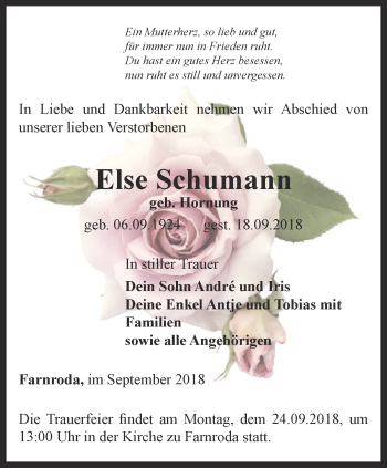 Traueranzeige von Else Schumann von Thüringer Allgemeine, Thüringische Landeszeitung