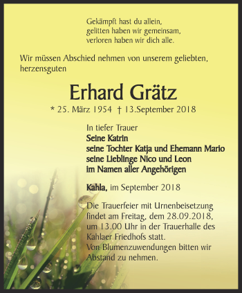 Traueranzeige von Erhard Grätz von Ostthüringer Zeitung, Thüringische Landeszeitung