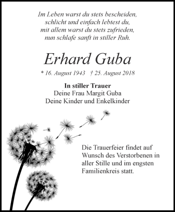 Traueranzeige von Erhard Guba von Ostthüringer Zeitung, Thüringische Landeszeitung