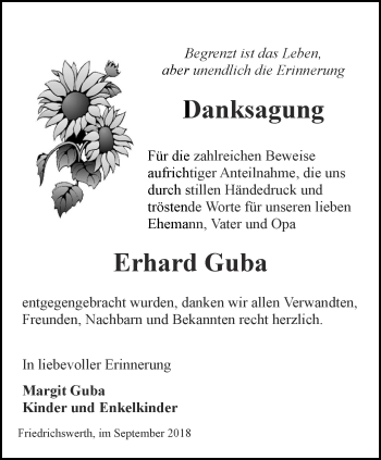 Traueranzeige von Erhard Guba von Ostthüringer Zeitung, Thüringische Landeszeitung