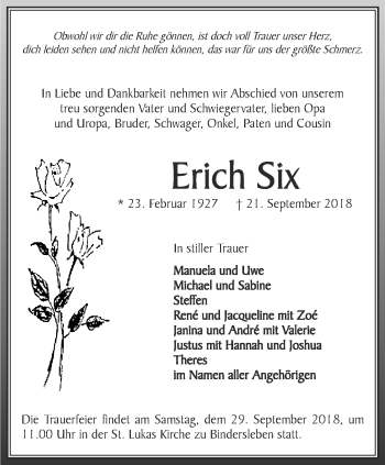 Traueranzeige von Erich Six von Thüringer Allgemeine, Thüringische Landeszeitung