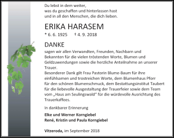 Traueranzeige von Erika Harasem von Thüringer Allgemeine, Thüringische Landeszeitung